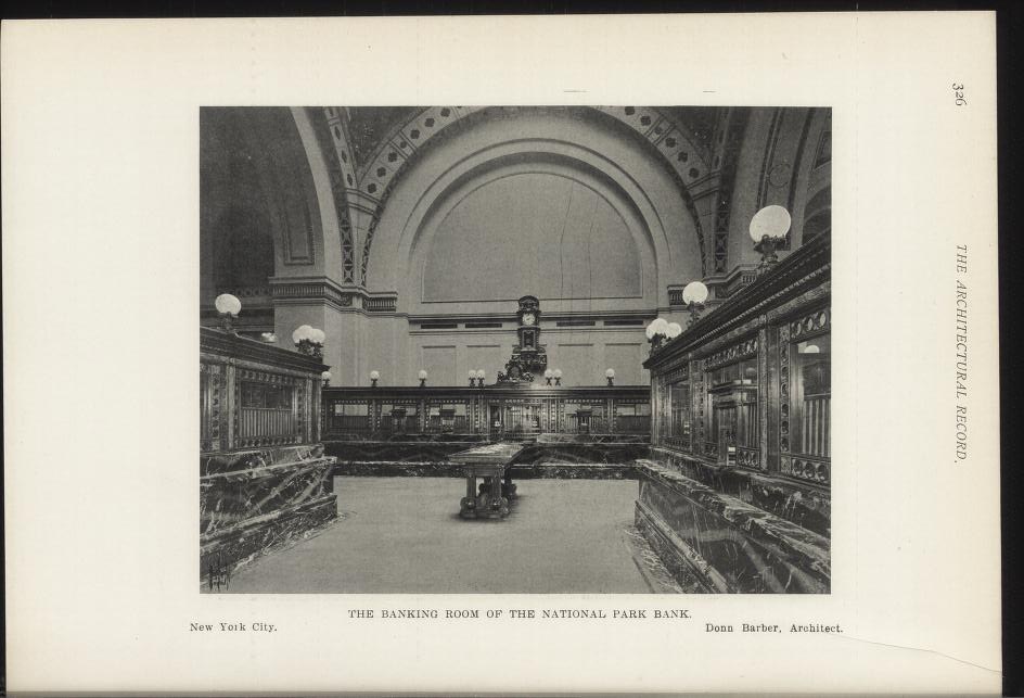 Black and white photograph of the banking room of the National Park Bank in New York City, featuring tables, lights, a clock on the wall, and text at the bottom.