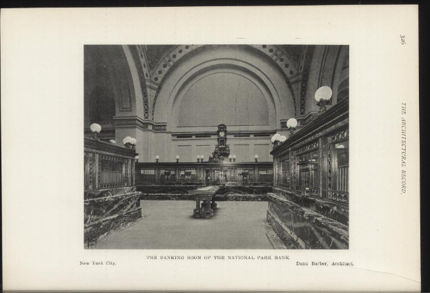 Black and white photograph of the banking room of the National Park Bank in New York City, featuring tables, lights, a clock on the wall, and text at the bottom.