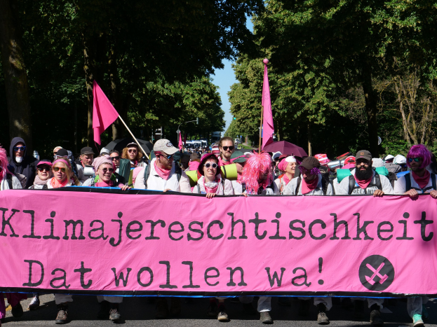 Eine Gruppe von Menschen marschiert die Straße entlang, trägt eine pinkfarbene 'Women's March'-Fahne, einige tragen Mützen und Schutzbrillen, andere halten Fahnen, mit Bäumen und einem klaren blauen Himmel im Hintergrund.