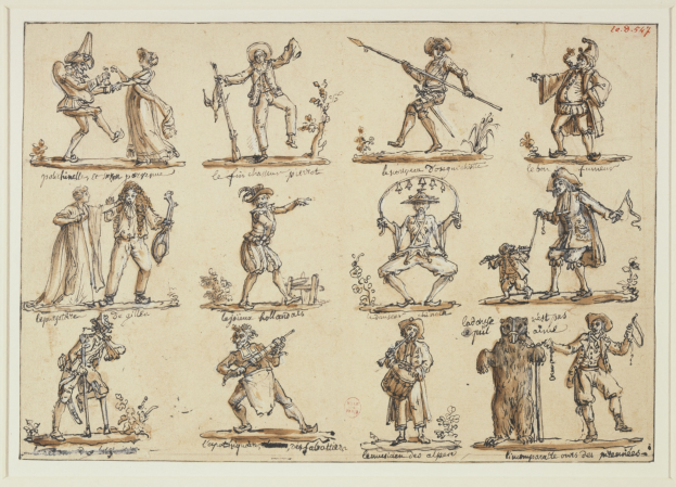 A page from a book featuring detailed 16th-century illustrations of people in period costumes, some holding weapons, accompanied by descriptive text.