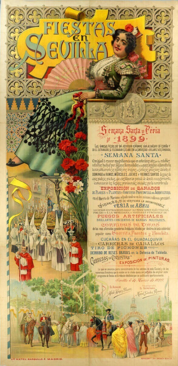 Plakatankündigung für ein Fest in Sevilla, Spanien, mit einer Frau in traditioneller Kleidung umgeben von Menschen, Pferden, Bäumen und Blumen mit Text über das Ereignis.