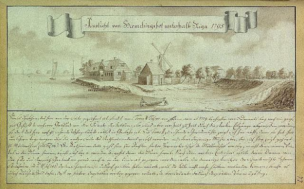 Old document titled "Muskiet von Dondinaghel Interhelt Sigra 1795" with a windmill drawing in the background, surrounded by houses, trees, and boats on the water, signed by a Dutch artist.