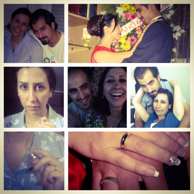 Eine Collage von Fotos, die einen Mann und eine Frau mit Eheringen zeigen, umgeben von Blumenarrangements und dekorativen Gegenständen.