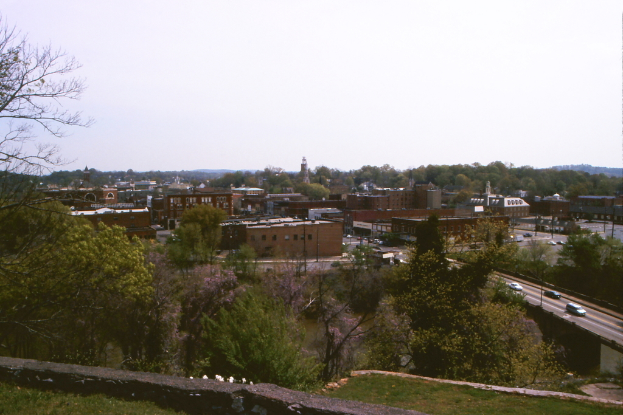 A cityscape featuring buildings, trees, poles, roads, vehicles, and the sky.