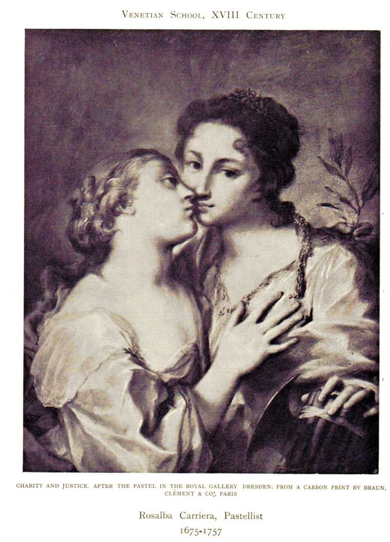 Poster featuring two women kissing, with text at the bottom reading "Charity and Justice After the Pastel in the Royal Gallery, Dresden, from a Carbon Print by Braun".