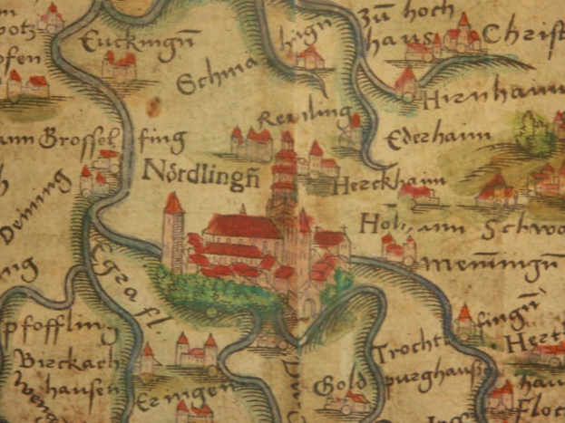 A detailed map of Nordlingen, Germany, highlighting city districts, surrounding towns, and landscape, with embedded images of buildings and trees, and text providing additional information about the city and its inhabitants.