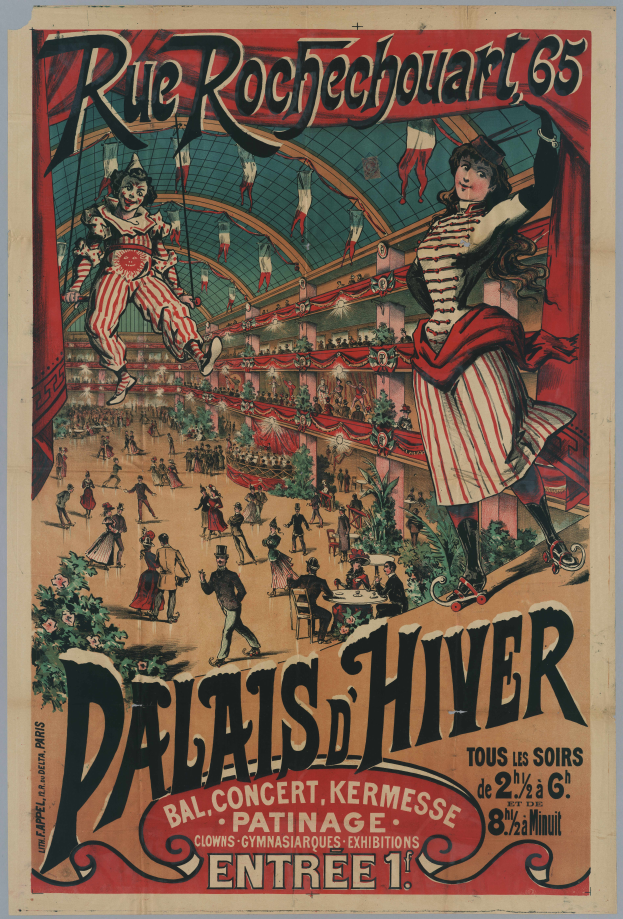 Ein Zirkusplakat, das eine Veranstaltung an Rue Rochechouart 65 in Paris ankündigt, mit einer Gruppe von Menschen, einige in Kostümen.