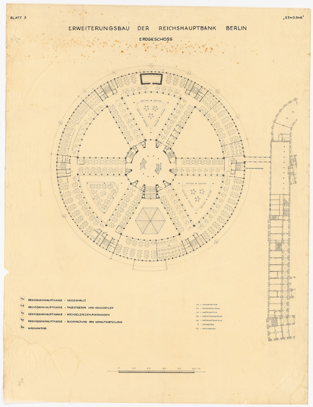 Ein detailliertes Zeichnung der Reichshauptbank in Berlin, Deutschland, ein rundes Gebäude mit zahlreichen Fenstern, begleitet von Text und einem Layout-Diagramm.