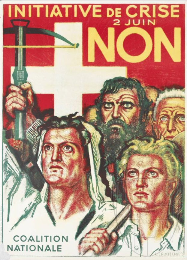 Plakat für die Coalition Nationale, eine Kriseninitiative, mit einer Gruppe von Menschen, die einen Hammer und eine Sichel halten, und Text.