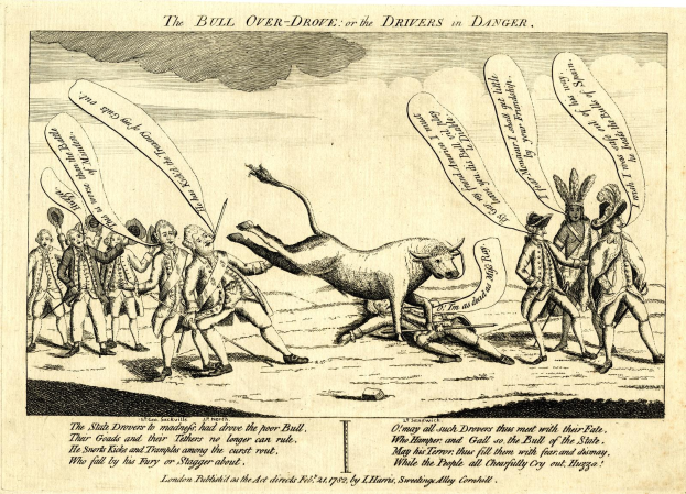 Eine Zeitung, die eine Bullenladung mit gefährdeten Fahrern zeigt, umgeben von Zuschauern, und einen beschreibenden Text enthält.