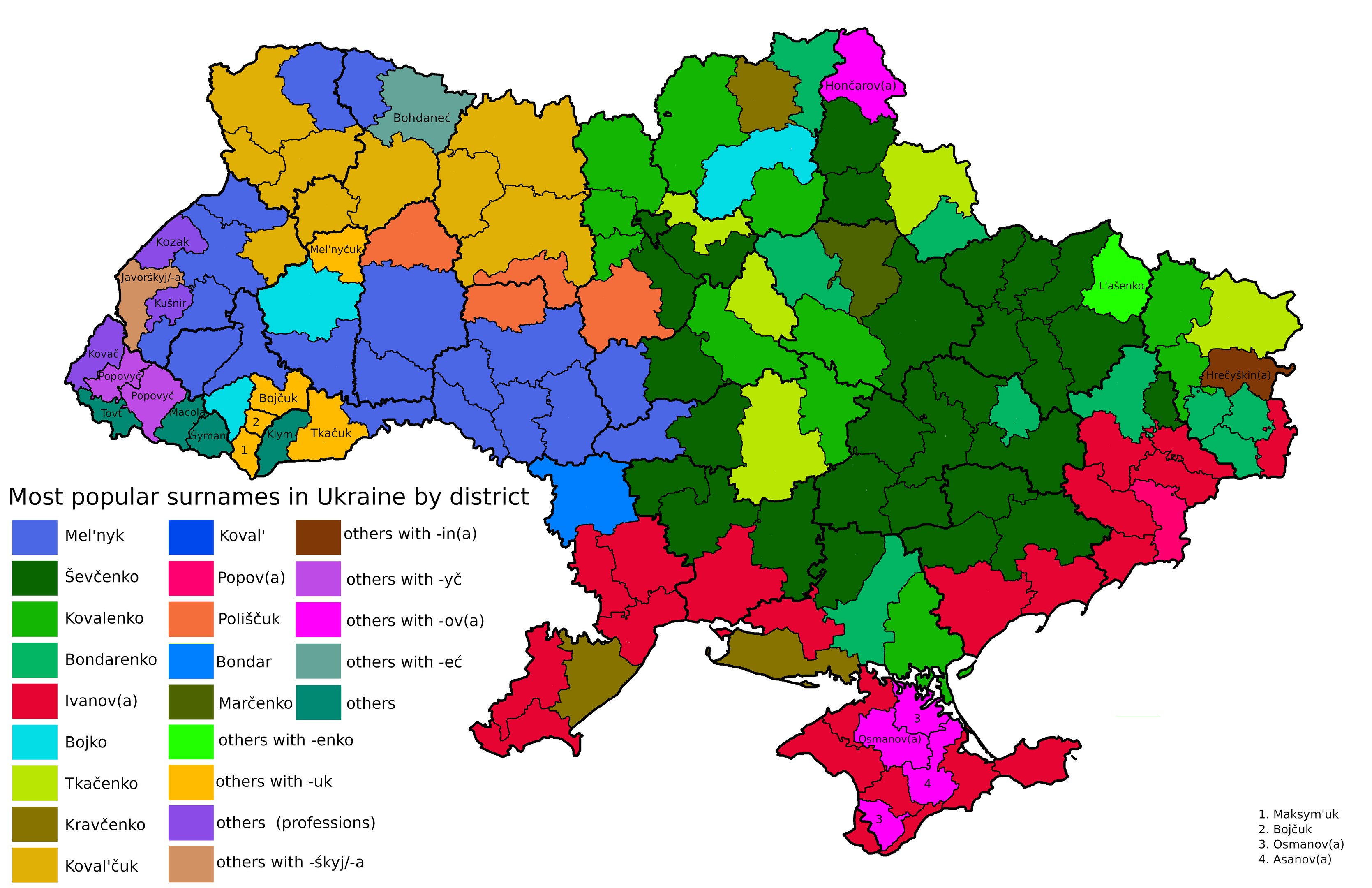 Farbcodierte Karte von Ukraine, die die häufigsten Nachnamen pro Bezirk zeigt, mit erklärendem Text auf der linken Seite.