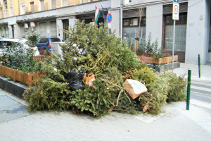Ein Haufen Weihnachtsbäume auf der Seite einer Straße, umgeben von Pflanzen, Pfählen, Brettern, Fahnen und Fahrzeugen, mit einem Gebäude mit Fenstern im Hintergrund.