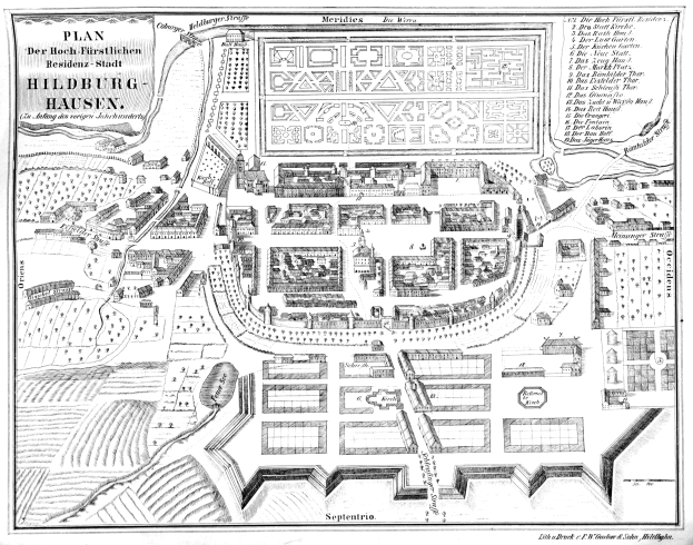 Detailed old map of Hildburg-Hausen, Germany, showing buildings, roads, and text on aged paper.