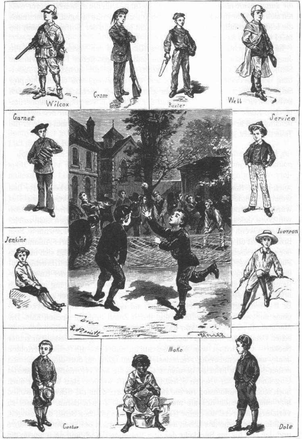 Black and white drawing of children playing baseball with a building and trees in the background, titled "The History of Baseball."