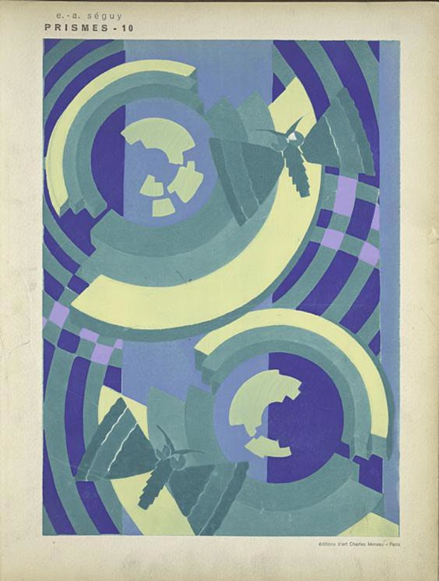 Ein Gemälde mit cremefarbenen, grünen, blauen und violetten Farben auf einer cremefarbenen Oberfläche, mit ein paar Worten oben geschrieben.