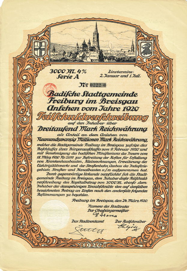 Ein altes deutsches Aktienzertifikat mit einer Stadtansicht und gedrucktem Text über die Herkunft des Aktienzertifikats.