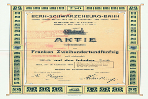 Ein altes Aktienzertifikat der Deutschen Regierung für die Bern-Schwarzenburg-Bahn, das Text und eine Illustration eines Zuges enthält.