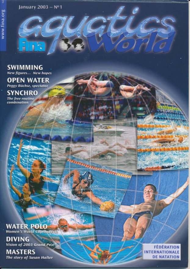 Titelbild der Januarausgabe 2003 des Aquatics FINA World Magazins, das synchronisierte Schwimmer in Bewegung unter einem klaren blauen Himmel zeigt.