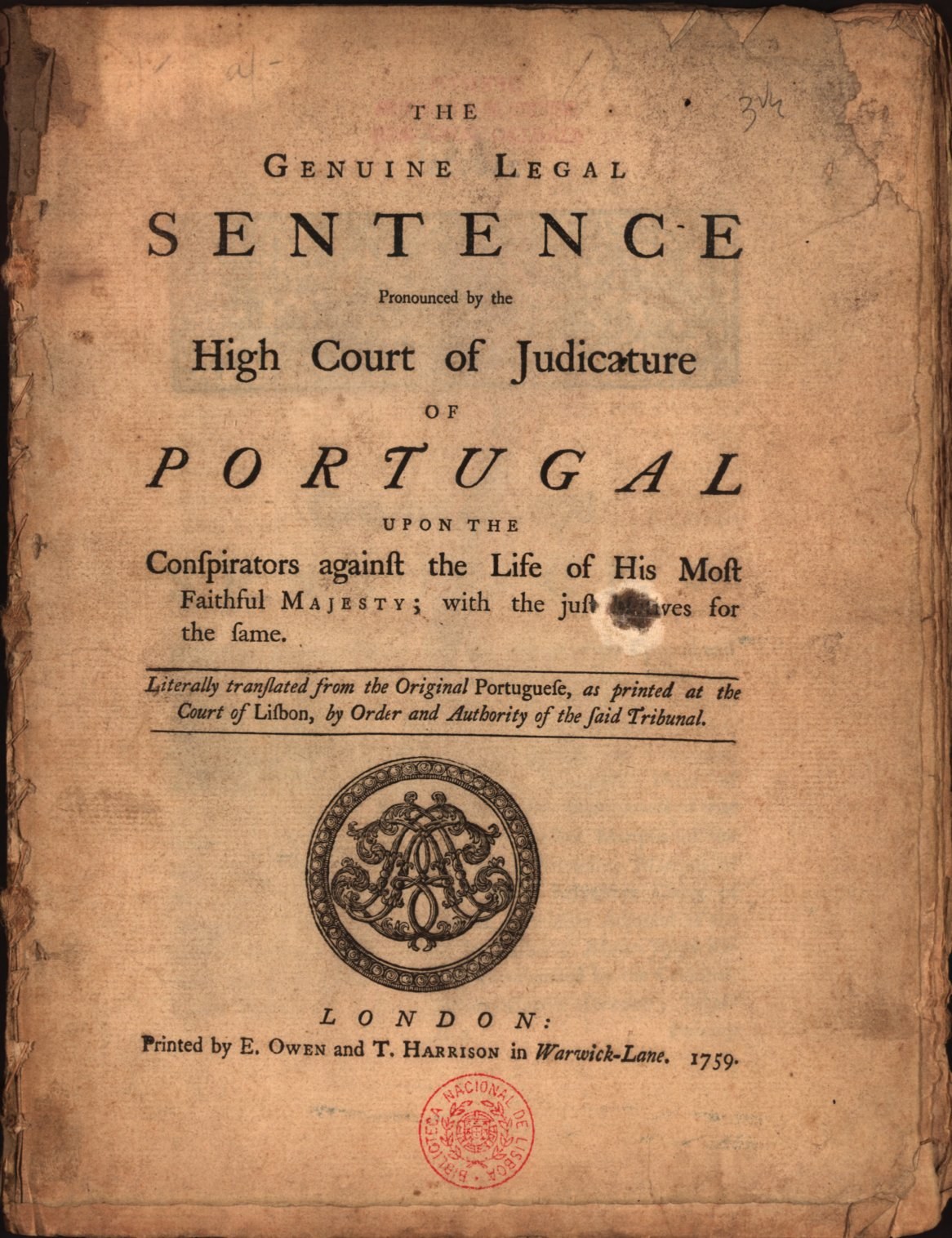 Black book with a stamp on the cover, text reads "The Genuine Legal Sentence of the High Court of Judiciary of Portugal".