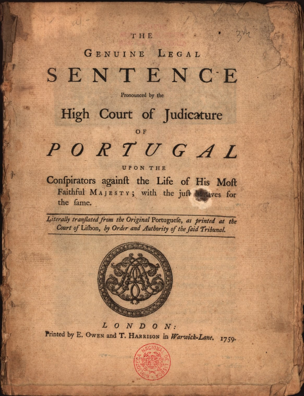 Black book with a stamp on the cover, text reads "The Genuine Legal Sentence of the High Court of Judiciary of Portugal".