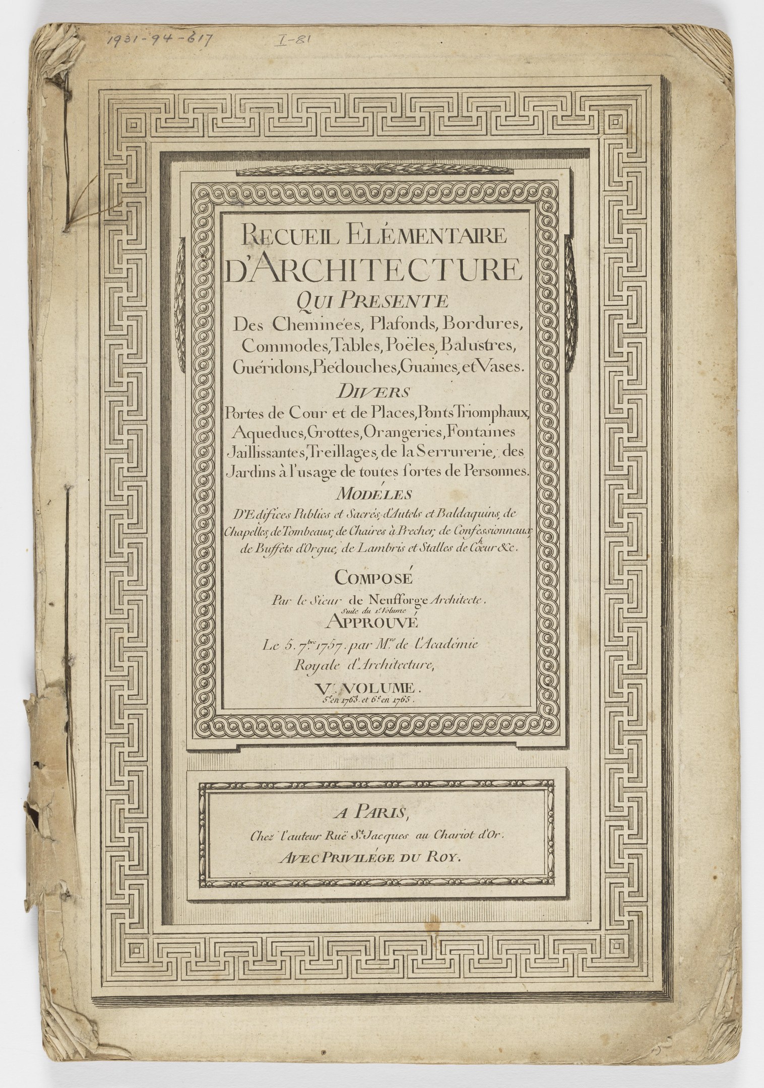 Old book with a white background and a design on the cover, the text on the paper reads "Recueil Elementaire d'Architecture qui Presente".