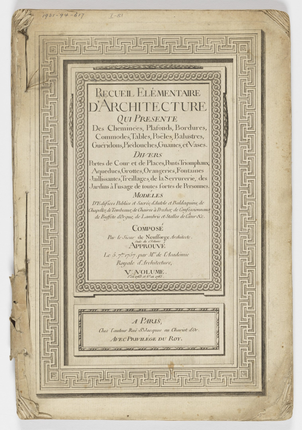 Old book with a white background and a design on the cover, the text on the paper reads "Recueil Elementaire d'Architecture qui Presente".