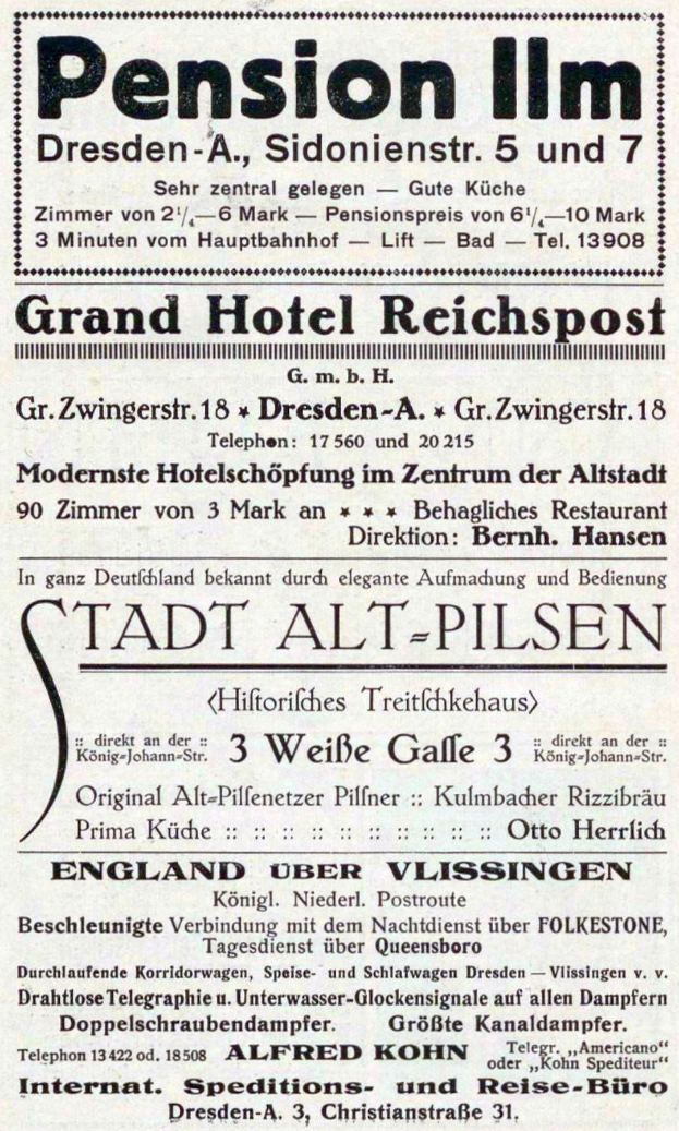 Black text on white background advertising the pension inn in Dresden, Germany.