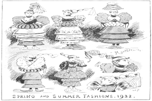 Schwarz-weiß-Illustration von Frauen in 1932er Frühlings- und Sommer-Modekleidern, begleitet von beschreibendem Text.