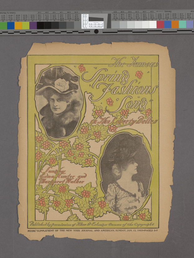 Paper with images of two women, text reading "The Famous Spring Fashions Song," and color scales at the top.