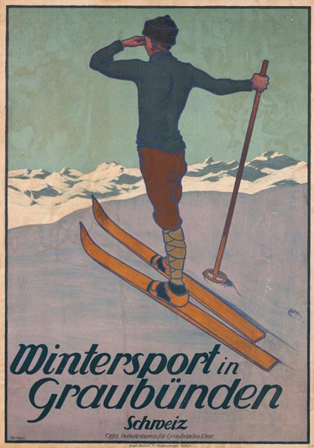 Eine Person auf Skiern, die einen Stock hält, vor schneebedeckten Bergen im Hintergrund auf einem Plakat, das einen Wintersport in Graubünden, Schweiz, bewirbt, mit Text, der Informationen über den Sport bereitstellt.