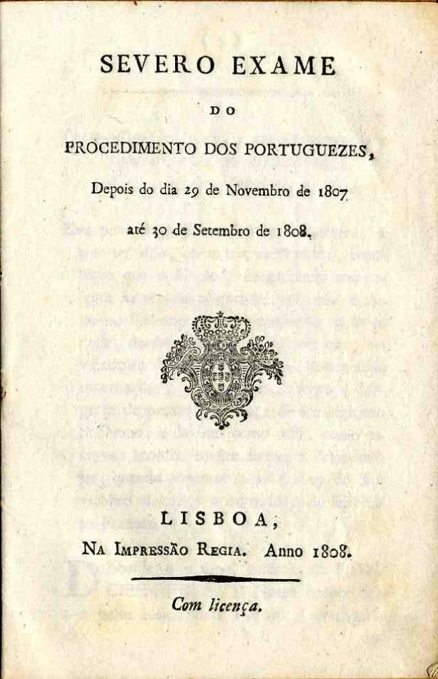Old book cover with a black and white portrait of a man and text in Portuguese reading "Severe Exame do Procedimento dos Portugueses, Depois do Dia 29 de Noviembre de 1807".