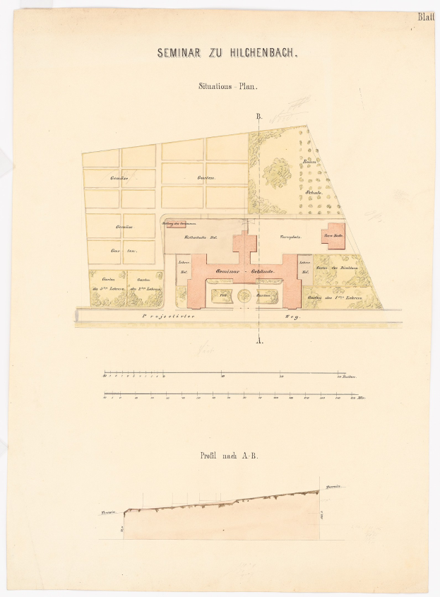 Black and white architectural site plan for the seminar in Hilchenbach, showing multiple buildings with text and a drawing on paper.