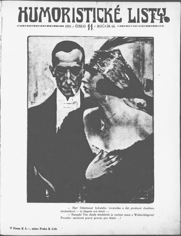 Schwarzes und weißes Magazin-Cover mit der Überschrift 'Humoristische Liste', das einen Mann in einem Anzug mit ernster Miene und eine Frau zeigt, die verschmitzt in die Ferne blickt.