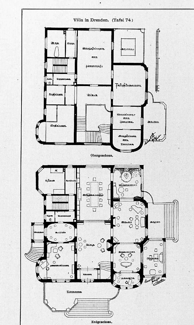 Ein Schwarz-Weiß-Bodenplan eines Hauses mit mehreren Zimmern, das mit Details zur Zimmeranzahl und -größen beschriftet ist und als Villa in Dresden, Deutschland, identifiziert wird.