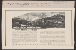 Alte Werbung für Skandinaviska Banken mit einem großen modernen Gebäude mit geneigtem Dach und mehreren Fenstern, mit fetter Schrift, die die Dienstleistungen der Bank anpreist.