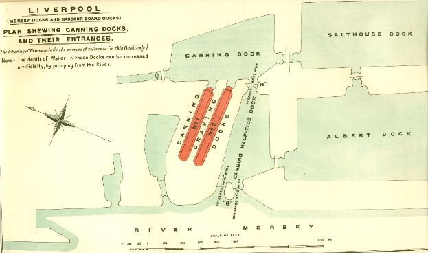 Eine detaillierte Karte von Liverpool, England, die Häfen, Docks und die umliegende Gegend zeigt, mit begleitendem Text über die Geschichte und Kultur der Stadt.