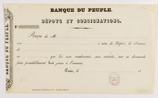 Old French banknote with "Banque du Peuple Depots et Consignations" text, featuring a stamp, on a white background.