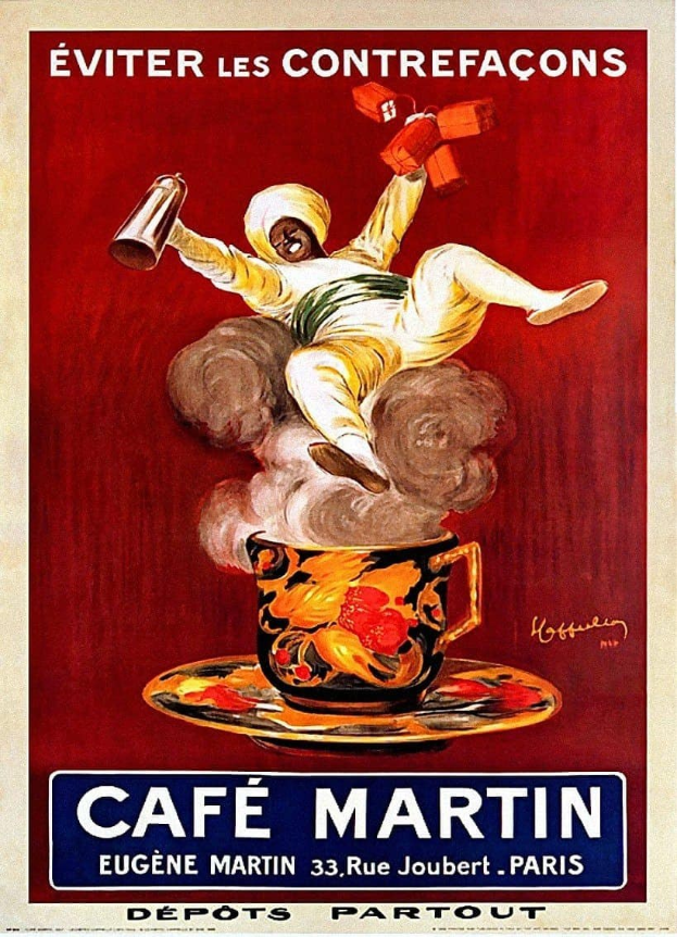 Plakat für Café Martin in Paris mit einer Person, die eine Tasse Kaffee hält, und dem auffälligen Text "Café Martin" darüber.