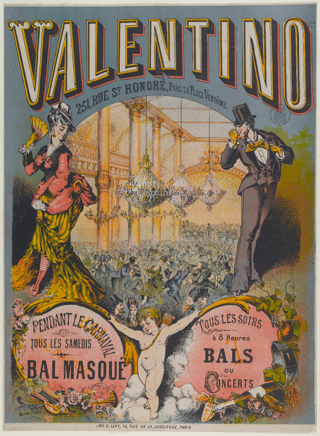 Ein Plakat für eine Valentinstagsparty in Paris, das eine Gruppe von Menschen in bunten Kostümen, einen Kronleuchter und ein Gebäude zeigt, mit der Aufschrift "Valentino Bal Masque" oben.