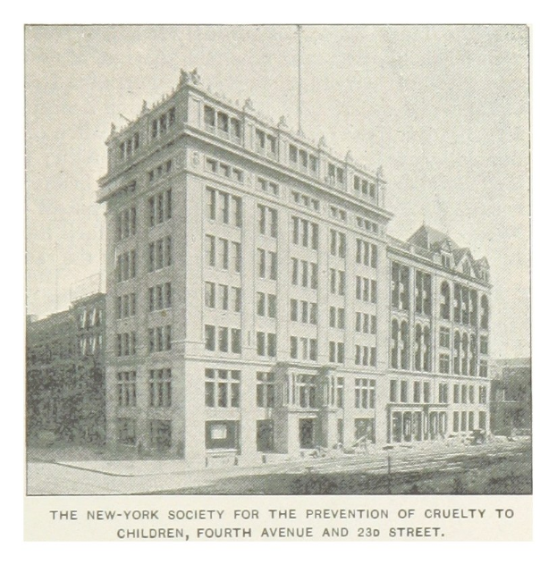 Poster of the New York Society for the Prevention of Cruelty to Children at Fourth Avenue and 23rd Street, showing a building with windows, trees, and sky, with text at the bottom.