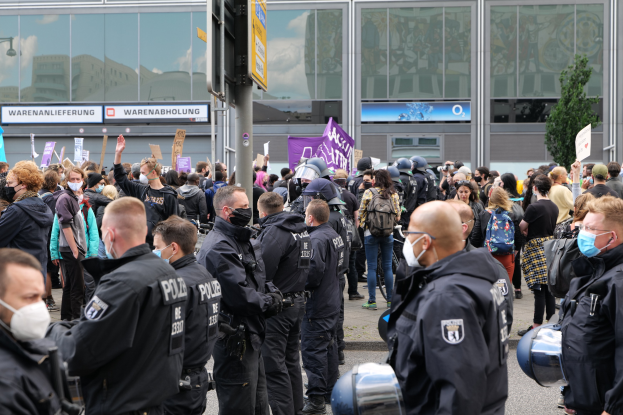 Eine große Gruppe von Menschen demonstriert vor einem Gebäude, einige halten Schilder und tragen Helme, mit einem Mast und einem Schild im Vordergrund und einem Baum im Hintergrund.