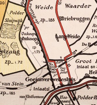 Detailed old map of Weide, Netherlands, showing a train route with streets, buildings, and landmarks, including start/end points, distance, and estimated travel time.