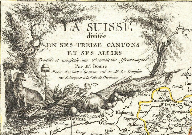 Ein Plakat, das eine Karte der Schweizer Landschaft mit Illustrationen von Bäumen, Tieren und Gegenständen zeigt und von Text begleitet wird.