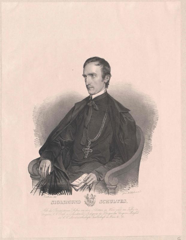 Engraving of Sigismund Schultes, the German Chancellor of the Federal Republic of Germany, seated in a chair holding a book, with his name printed below.