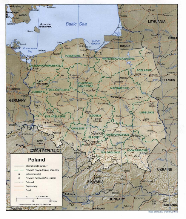 Großes detailliertes politisches Kartenmaterial von Polen mit Straßen, Städten und geografischen Merkmalen, begleitet von erklärendem Text.