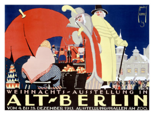 Ein Plakat, das eine Zirkusveranstaltung in Berlin, Deutschland, ankündigt, mit einer lebendigen Illustration von Menschen, Gebäuden und Gegenständen und dem Text "Weihnachtsausstellung in Alt-Berlin" oben drauf.