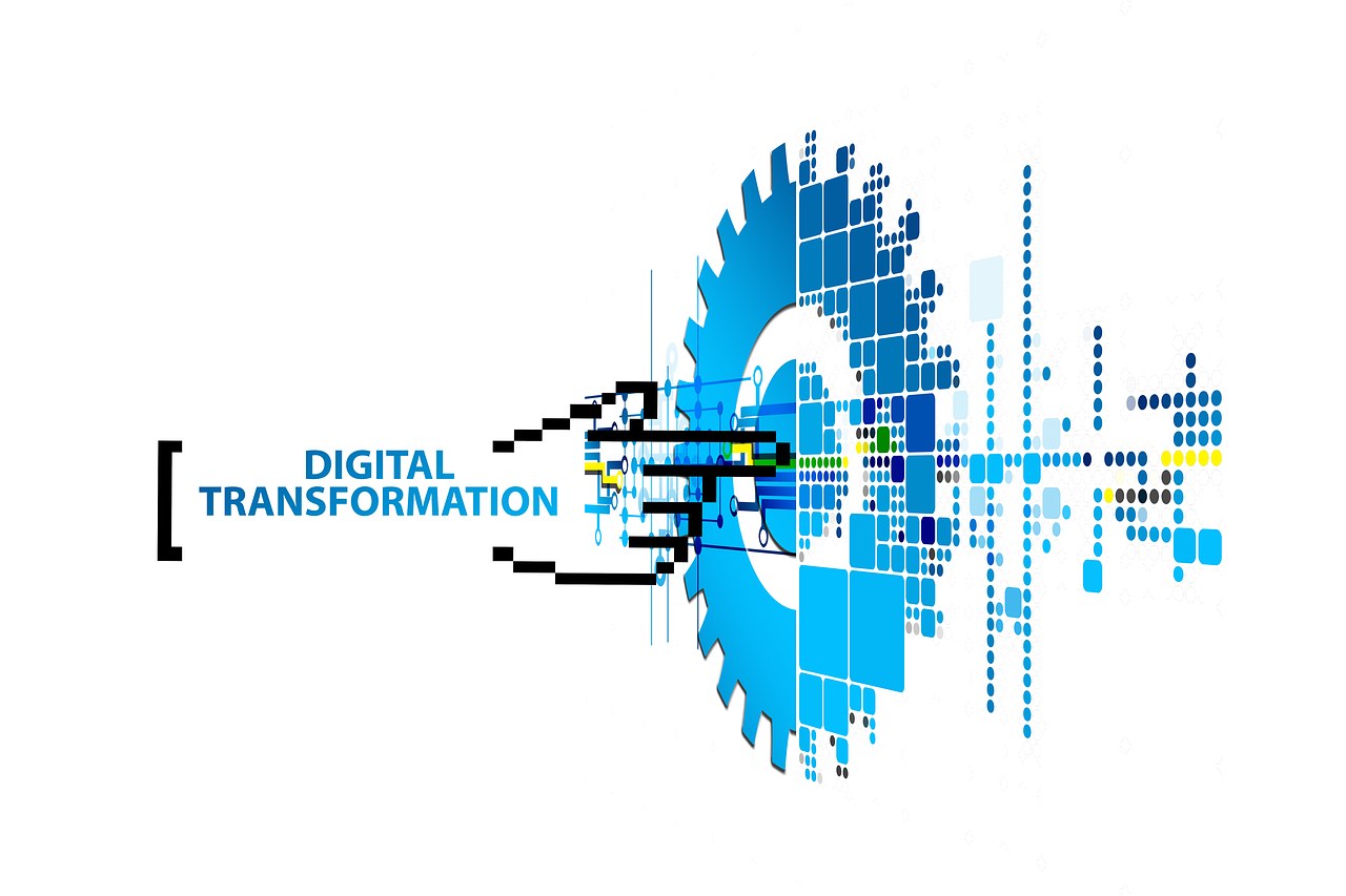 Digital transformation logo with "Digital Transformation" text centered on a white background, featuring a vibrant design of blue, black, and yellow dots.