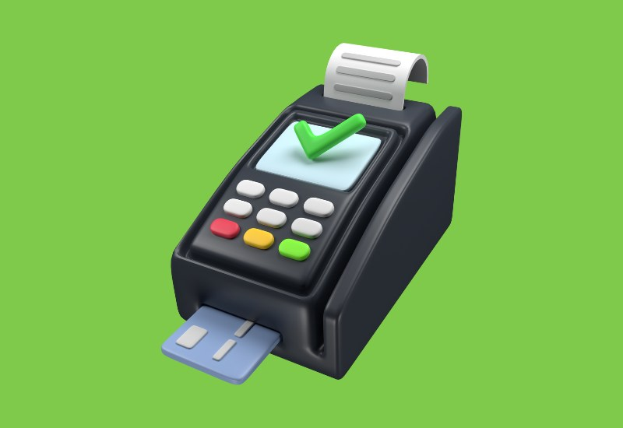 Kreditkartengerät mit grünem Hintergrund und grünem Haken, das eine POS-Terminal anzeigt.