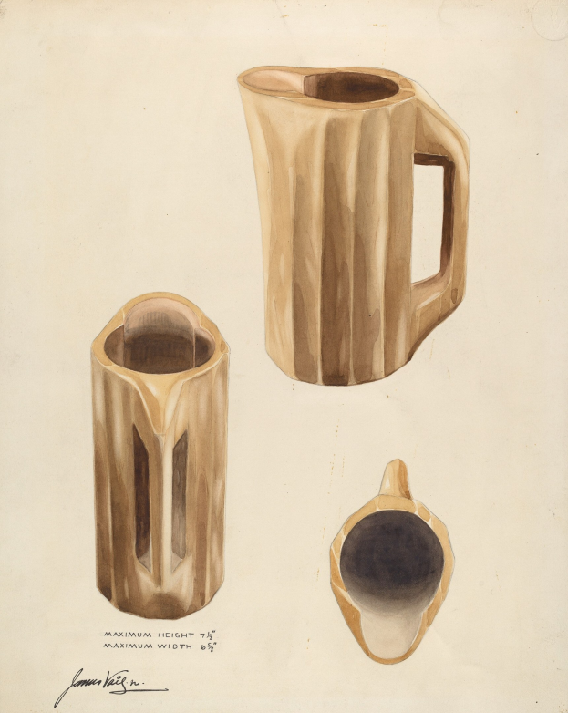Three wooden jugs arranged in a triangular formation on a piece of paper with text.