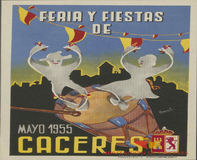 Buntes Plakat, das das Karnevalsfest 'Feria y Fiestas de Cáceres' in Spanien ankündigt, mit traditionellen Kostümen, gelbem Hintergrund und schwarzer Schrift.